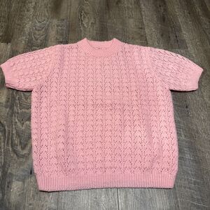 Hand Knit Pastel Pink Short Sleeve Sweater Top Pointelle Eyelet Lace Shirt S/m